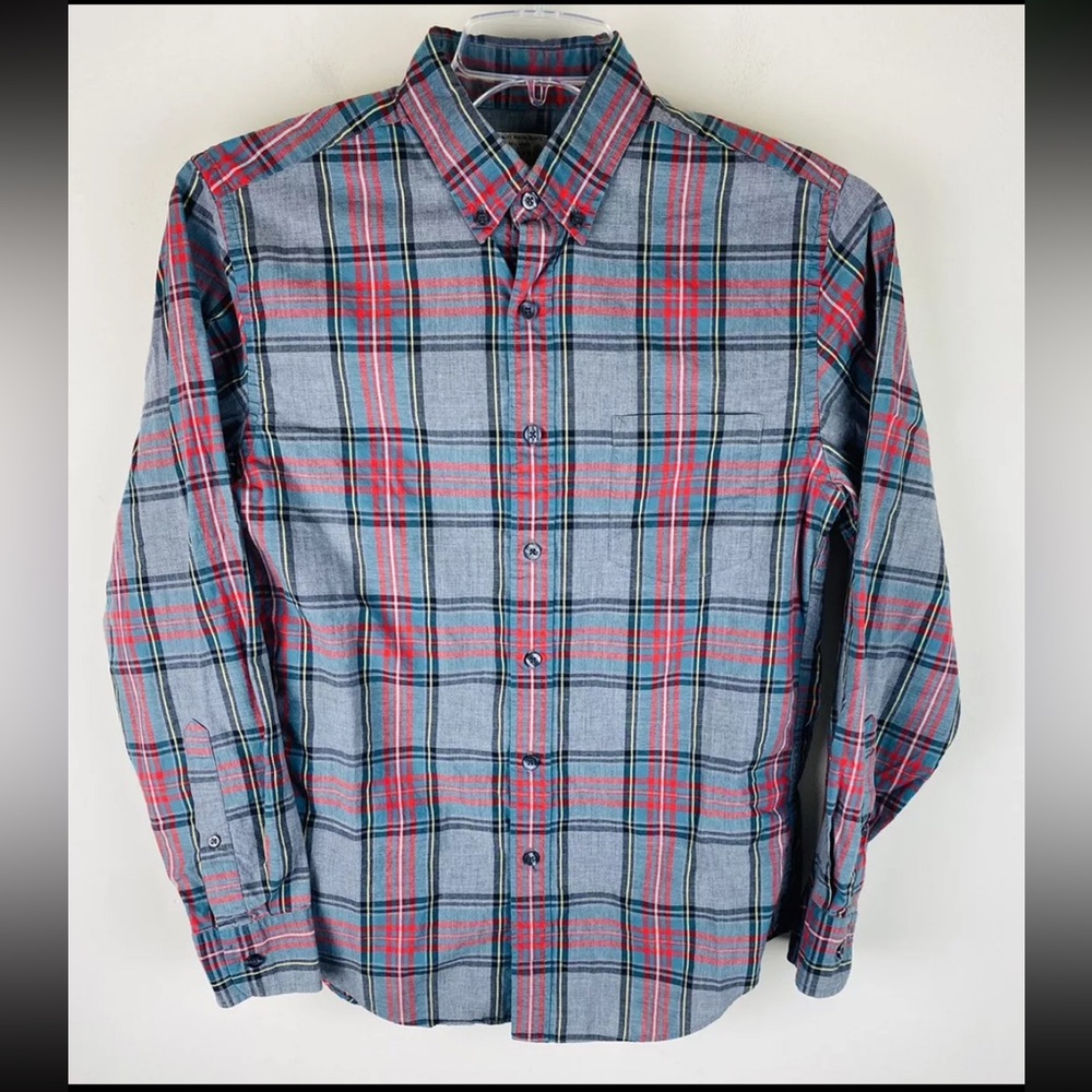 J. Crew Mens Shirt Small Gray Red Plaid Button Down Long Sleeve 100% Cotton Knit